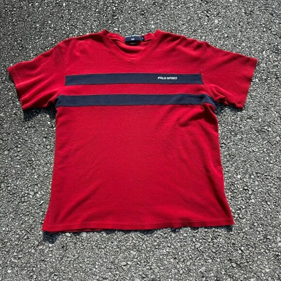 Vintage 2000s Polo Sport Red‎ Navy Striped Shirt - Picture 1 of 8